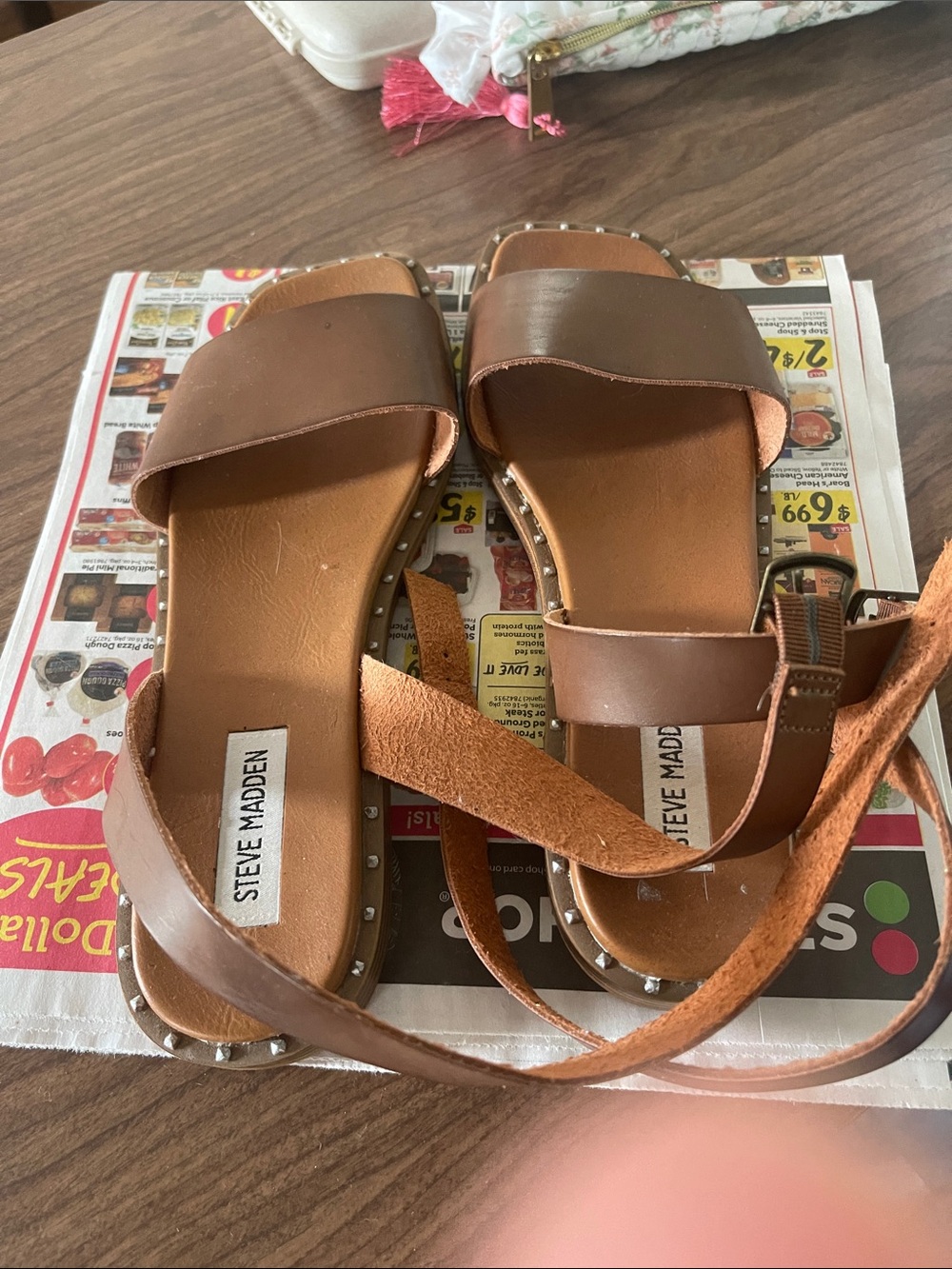 Steve Madden Brown Leather Studded Ankle Strap Sandals